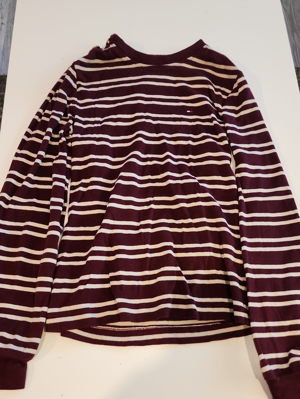 Tommy Hilfiger Burgundy and Cream Striped Long Sleeve Tee